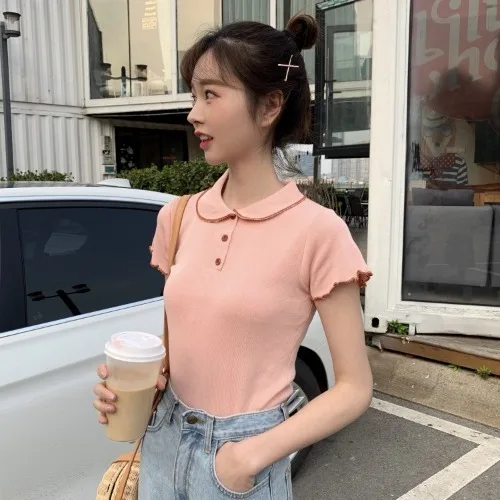 Ulzzang Футболка женская дикий Летний корейский сладкий отложной воротник вязаный узкий, с короткими рукавами футболки топы Camisetas Mujer - Цвет: Розовый