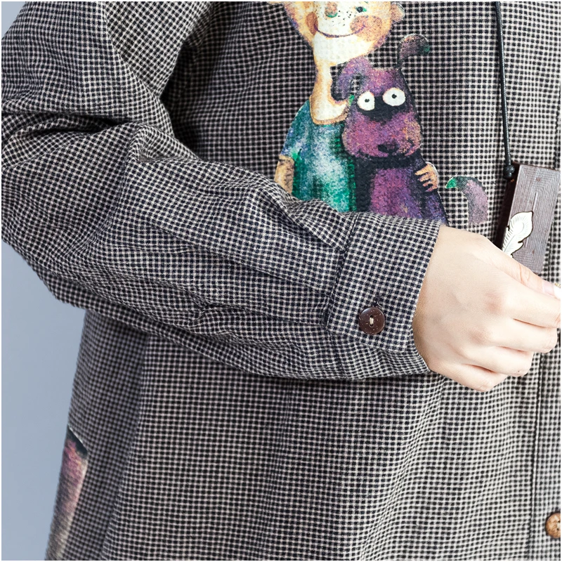 Autumn Women Korea Style Oversized Long Sleeve Stand Collar Plaid Vintage Cartoon Print Single Breasted Coat Cotton Linen Trench