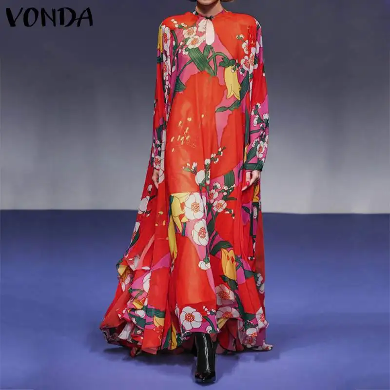 

VONDA New Women Vintage Floral Print Maxi Dress Bohemian Floor-Length Dresses Plus Size Sexy Vestidos Casual Loose Long Robe 5XL