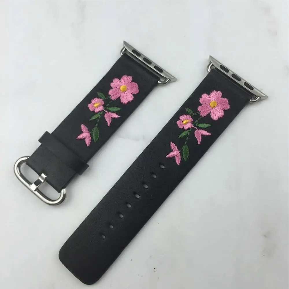 Black New Rose Flower Embroided Genuine Leather Watch Band woman for Apple Watch 42/38mm iwatch Strap Belt Wristwatch Loop Bracelet - Цвет ремешка: Black