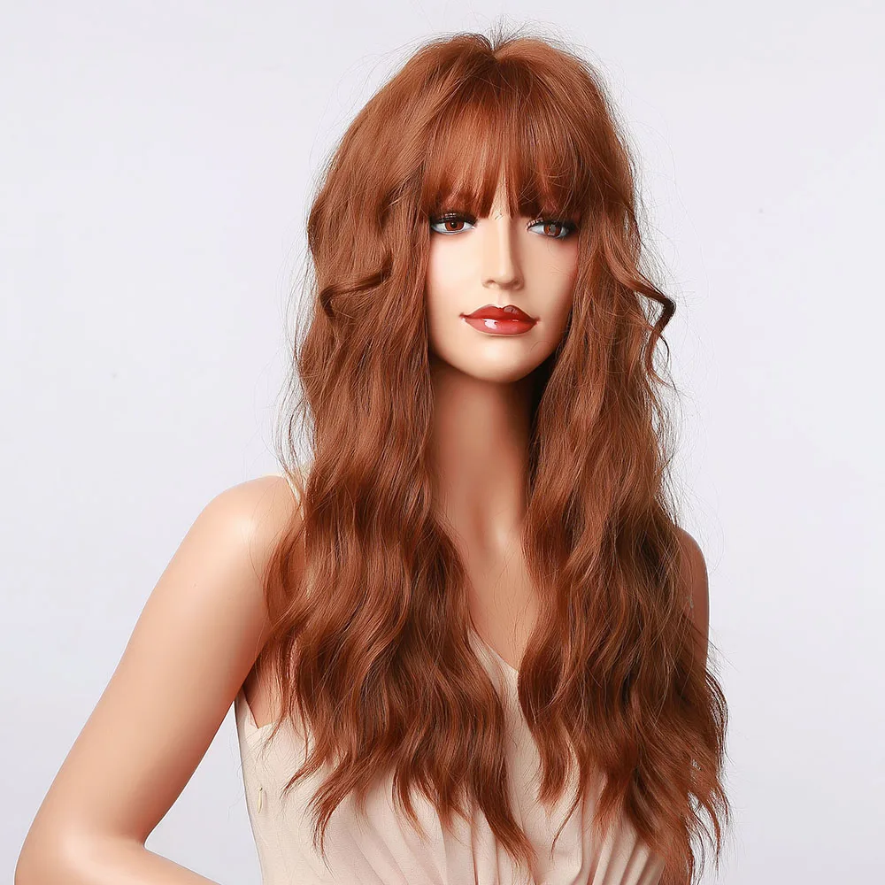 HENRY MARGU Long Wavy Auburn Red Synthetic Wigs with Bangs Kinky Curly Natural Hairs for Daily Cosplay Party Heat Resistant Wigs