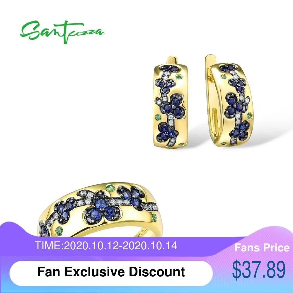 

SANTUZZA Jewelry Set For Women Authentic 925 Sterling Silver Sparkling Blue Stones Flowers Earrings Ring Set Party Fine Jewelry