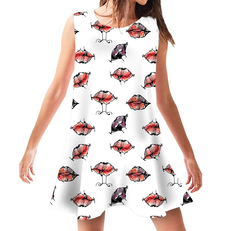 

Loose Summer Dresses Women Casual Dress Sexy Lips Print Clothing Sleeveless Short Beach Wear Female Above Knee Sundress