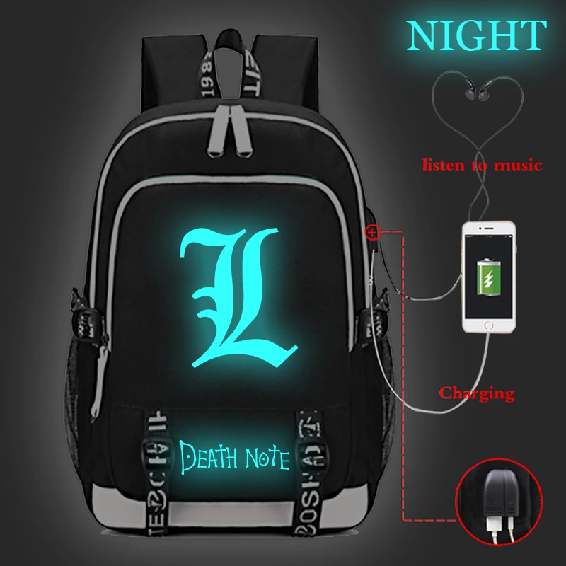 

Japan Anime Death Note Printing Backpack Teens Kids Boys Girls School Bags Luminous Laptop Backpack Travel Bag USB Charging Bag