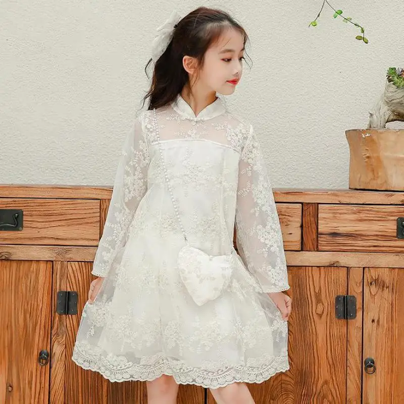 

Lovely Girls Princess Style Dress With Bag Fashion Floral Embroidered Knee Length Gowns Children Birthday Wedding Party Dresses