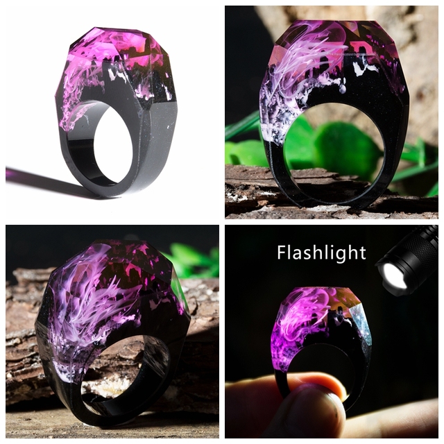 Fashion Wood Resin Ring Female Forest Handmade Rainbow Star Secret Sky Micro Landscape Wooden Ring High Quality Jewelry