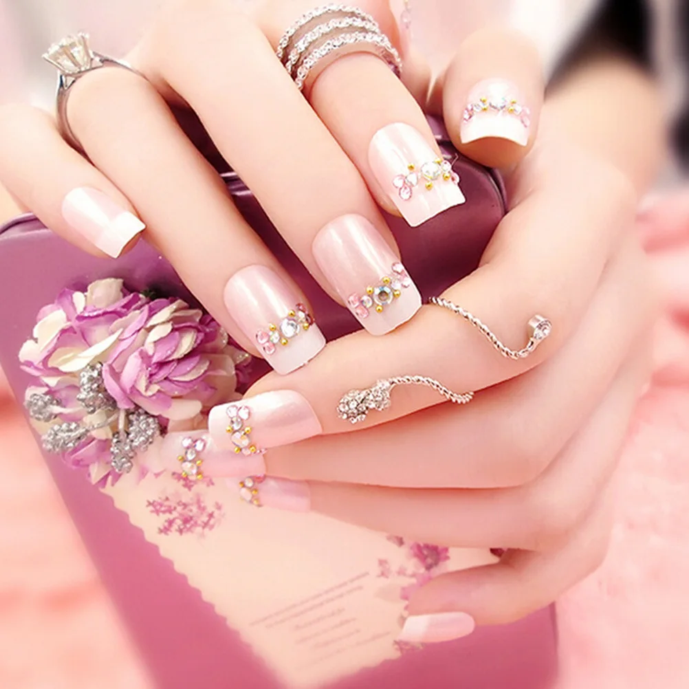 24pcs/set Cute French False Nails 3D Cream Nude Pink Pure Color Fake Nails With Sided Adhesive Middle-long Full Nail Tips Bride