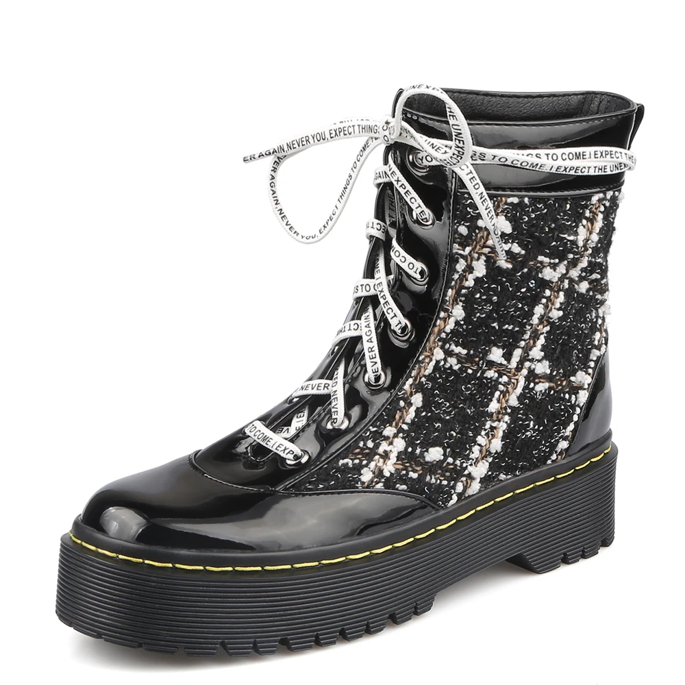 

Patent Leather Stitching Knitted Wool Small Ankle Boots College Wind High Waterproof Platform Check Lace Women's Boots