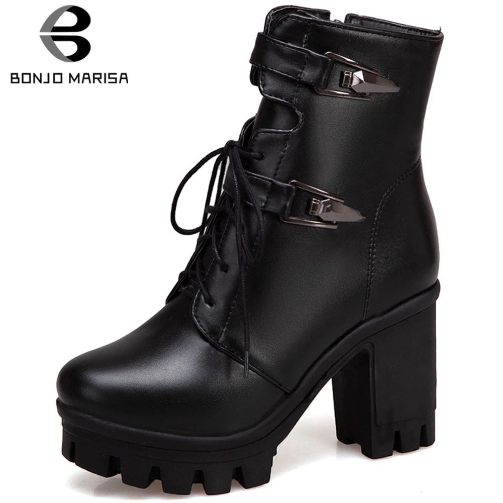 

BONJOMARISA New Big Size 34-43 Beige lace-up Booties Ladies Platform Ankle Boots Women 2019 Winter High Heels Shoes Woman