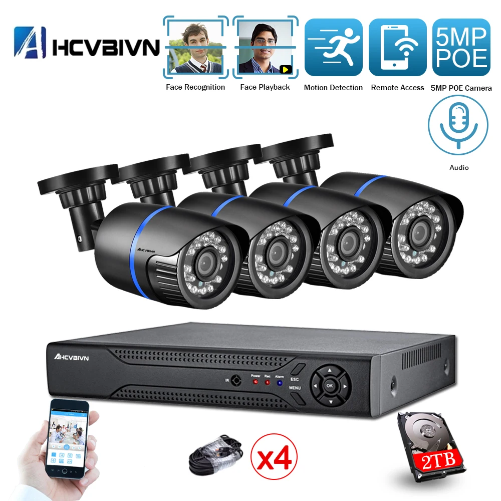 

H.265 POE CCTV System 4CH 5MP NVR Kit 5.0MP Audio Record AI IP Camera IR Outdoor Waterproof P2P Video Security Surveillance Set