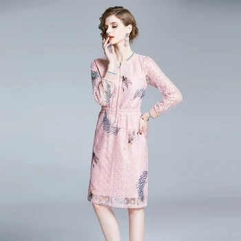 

HAMALIEL Fashion Pink Lace Dress High Quality Summer Women Floral Embroidery Zippers Bodycon Dress Office OL Long Sleeve Dresses