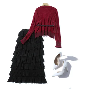 

2020 Spring Fashion Casual Knitted Pullover Sweater Black Cake Mid Length Skirts 2 Piece Set Women Warm Sweater Skirt Suits D468