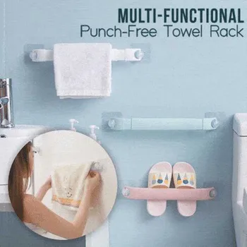 

Self-adhesive Towel Holder Free Punching Wall Mounted Bathroom Towel Bar Shelf Bathroom Supplies Roll Paper Towel Hanger