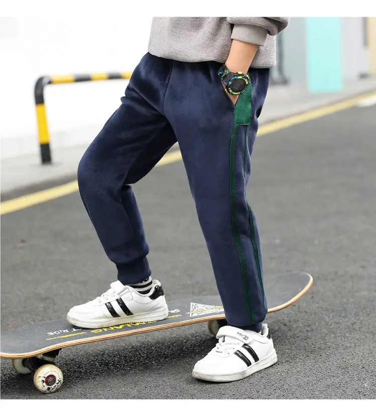 Boy Winter Flannel Fitness Pants with Side Stripe Kids Thicken Warm Fleece Baby Pants Teens Casual Velvet Lined Trousers 3 Color