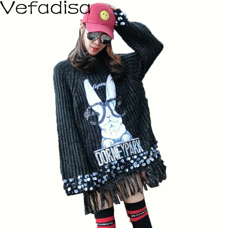 

Vefadisa Winter Tassels Sequin Sweater Black O-Neck Cartoon Print Sweater Long Pullovers Sweater Woman Casual 2019 QYF824