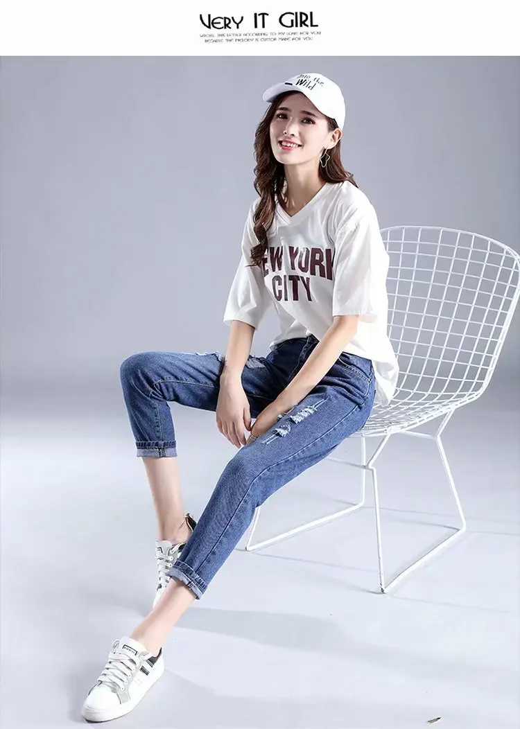 Jeans Woman Loose Casual Boyfriends Jeans Streetwear Women Ripped Hole White Pocket Ankle Length Trousers Jean