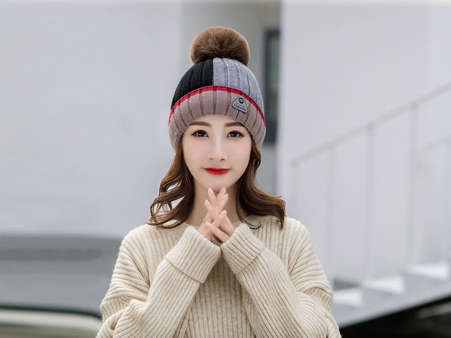 Унисекс женский Skullies& Beanies вязаный зимний теплый для катания на лыжах вязаная шапка бини оверсайз женские Лоскутные розовые шапки с бубоном
