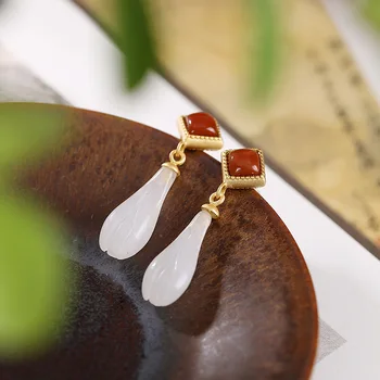 

One Luyin S925 Pure Silver Hetian Jade White Jade Magnolia South Red Earring Eardrop Ms Personality