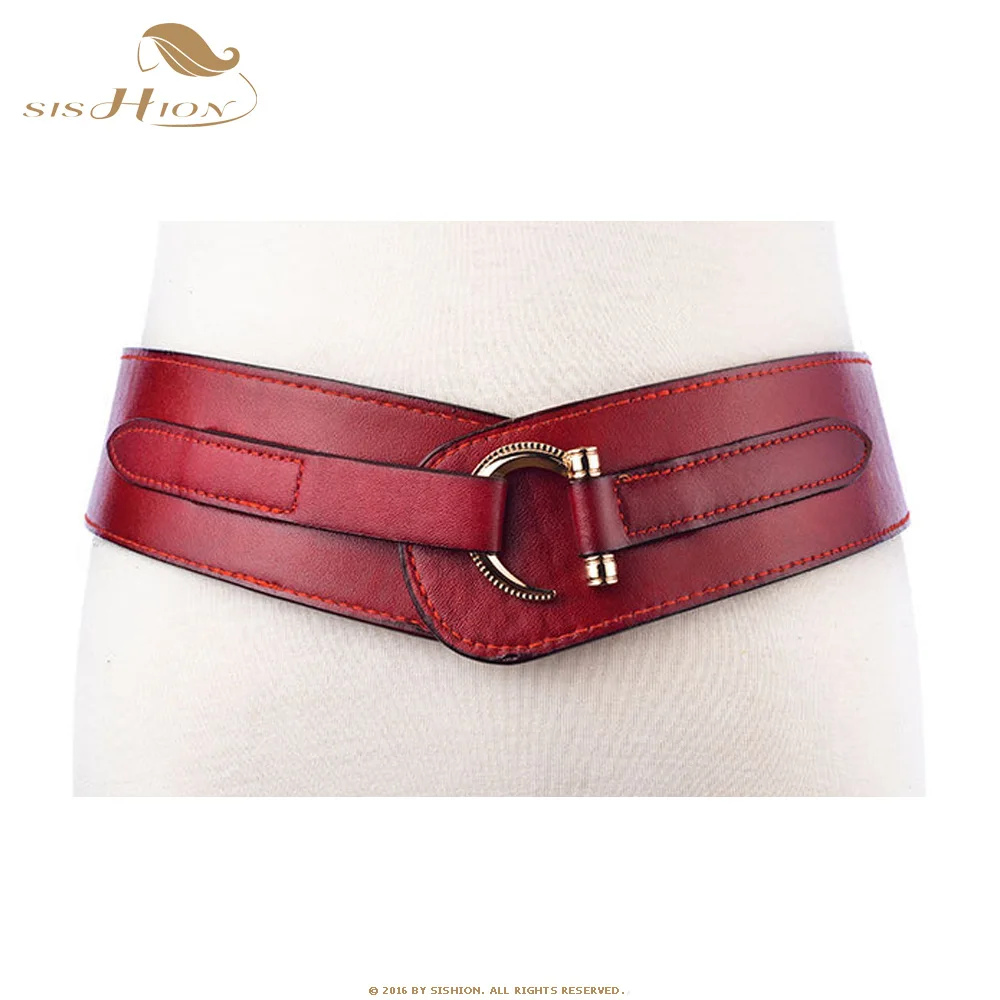 Красный SISHION винтажный пояс для женщин VD1215 ceinture femme панк из искусственной кожи черный красный коричневый кофейный эластичный пояс размера плюс - Цвет: Красный