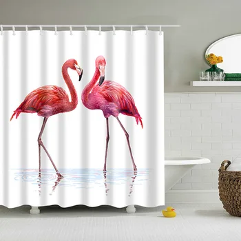 

Flamingo Shower Curtain Eco-friendly Plant Flower Pattern Curtain Polyester Fiber Bath Decor Shower Curtain with Hooks