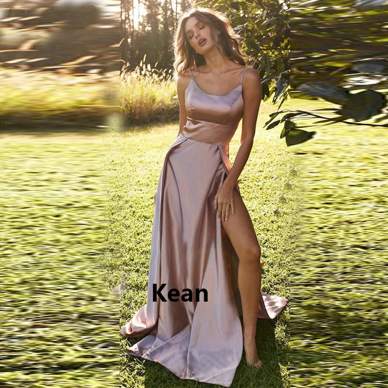 Simple Cheap Satin Slit Prom Dresses 