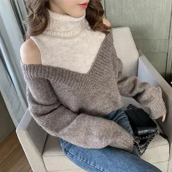 

Women Vintage Winter Turtleneck Contrast Color Off Shoulder Knitted Sweater Pullovers Fashion Sweaters Female Knitwear Tops
