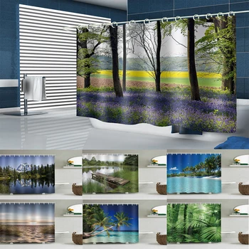 

Waterproof Thicken Polyester Fabric 3D Shower Curtain Forest For Bathroom Curtain Green Plant Beach Bathing Curtain 200*230CM