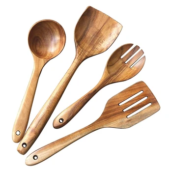 

4 Pcs Wooden Utensils,Kitchen Cooking Utensil for Non Stick,Teak Wood Spoons Spatula Ladle Colander,Kitchen Tools