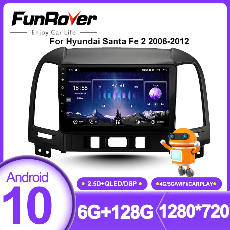 FUNROVER android10.0 2.5D IPS автомобильный Радио мультимедийный плеер для HHyundai Santa Fe 2005 2012 dvd