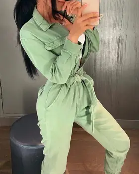 

Solid Long Sleeve Zipper Pocket Cargo Jumpsuit Women Buttom Up Sashes Rompers Womens Jumpsuit Casual Loose Overalls