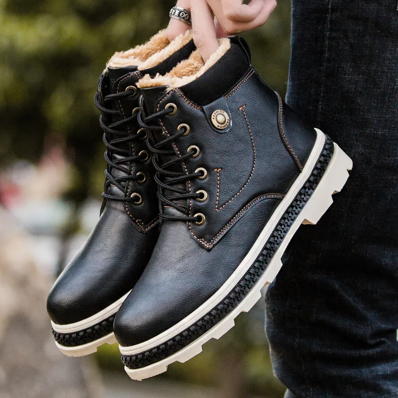 Boots Men Sneakers 2019 Fashion Pu Leather Winter Boots Plus Velvet Casual Shoes Men Snow Boots Lace Up Work Shoes Men Plus Size