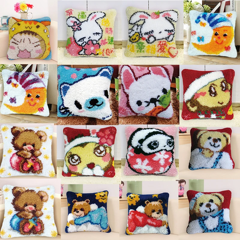 

DIY Latch Hook Cushion Foamiran For Needlework Couples Pillow Sets Latch Hook Cartoon Embroidery Bear Pillow Sets For Handiwork
