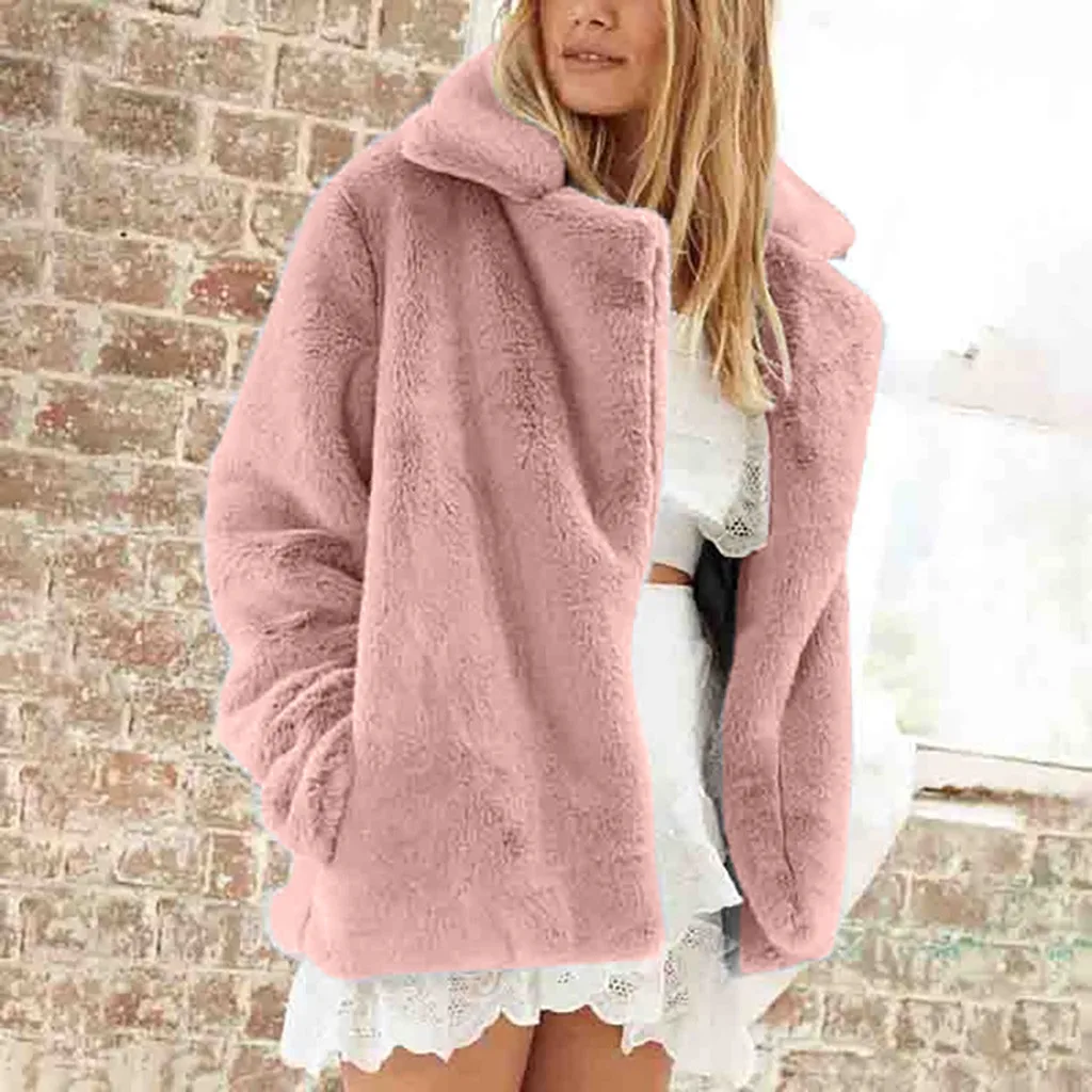 Женское плюшевое пальто, зимнее теплое пальто из искусственного меха, пальто с длинным рукавом и отложным воротником, плюшевое пальто, верхняя одежда с карманами, флисовая куртка, пальто оверсайз