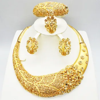 

Dubai gold-color New Fashion jewelry set Bridal Nigeria African beads jewelry Necklace Bangle Earring Ring wedding jewelry set