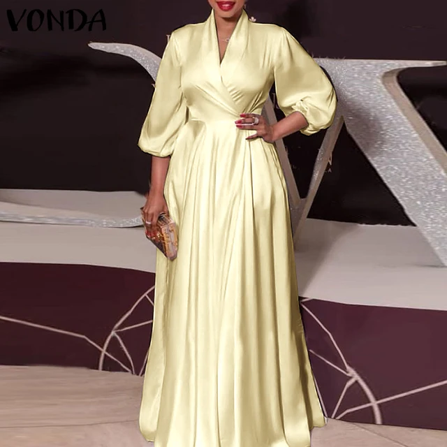 VONDA Summer Long Maxi Party Dress 2021 VONDA Sexy V Neck Long Sleeve Solid Dresses  Bohemian Vestidos Femme Sundress 1