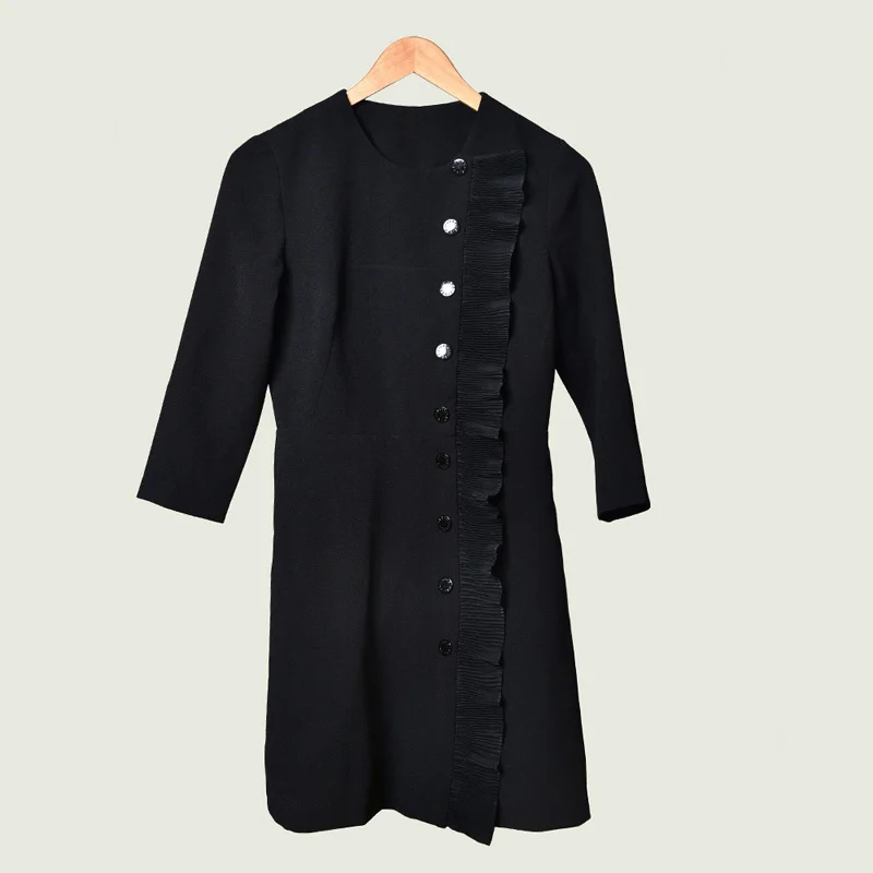 Robe Courte Portefeuille, Черное мини-платье, женское винтажное элегантное офисное платье с рюшами и круглым вырезом, Осень-зима, Прямая поставка - Цвет: Black