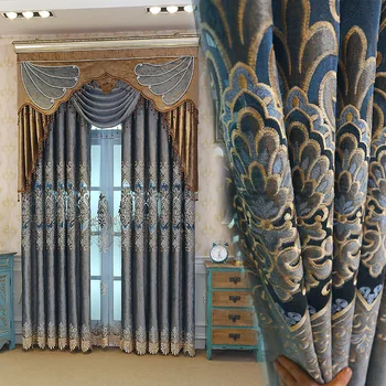 

Living Room Bedroom Curtain Fabric Flannel European Embroidered Curtains Water-Soluble Hollow tie rong lian tou Window Curtain