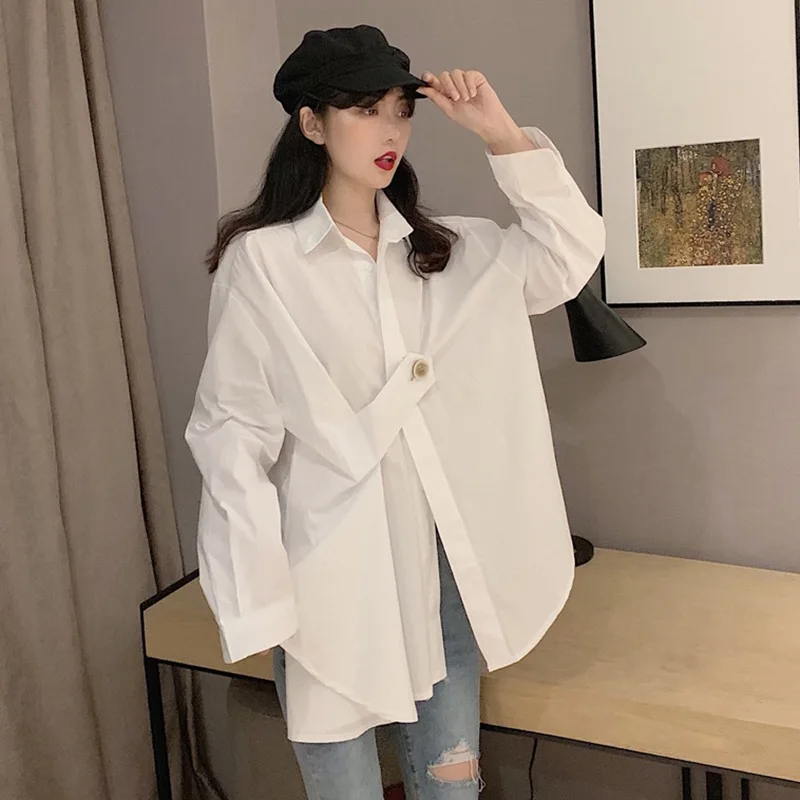 

Hong Kong Style Elegant Simple Early Autumn One-Button Slimming Irregular Loose-Fit Elegant Fold-down Collar Long-sleeved Shirt