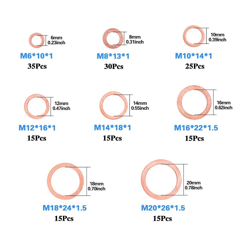 Набор прокладок для профессиональной медной шайбы ассорти, метрическое плоское кольцо, медные Уплотнительные Шайбы, ассортимент-8 размеров M6 M8 M10 M12