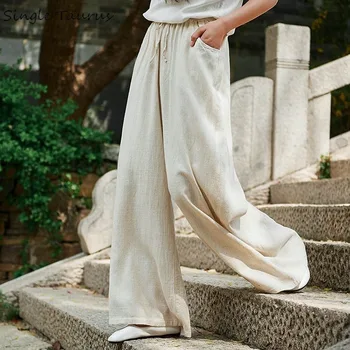 

Linen Pants Women 2019 Fall Loose Chinese Style Retro Casual Wide Leg Pants Mujer Simple Breathable Pantalones Anchos Mujer