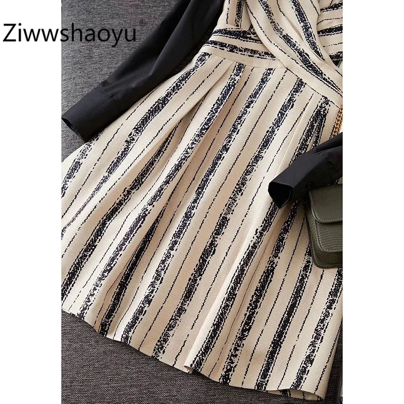Ziwwshaoyu весна лето модное черное платье с длинным рукавом в стиле пэтчворк с волнистым принтом льняное мини платье высокого качества для женщин