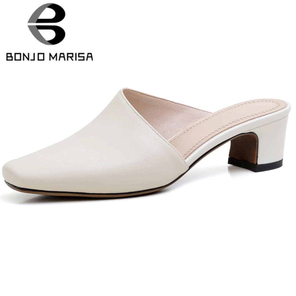 

BONJOMARISA Brand New Ladies Genuine Leather Mules Fashion Kid Suede High Heels Slippers Women 2020 Casual Party Shoes Woman