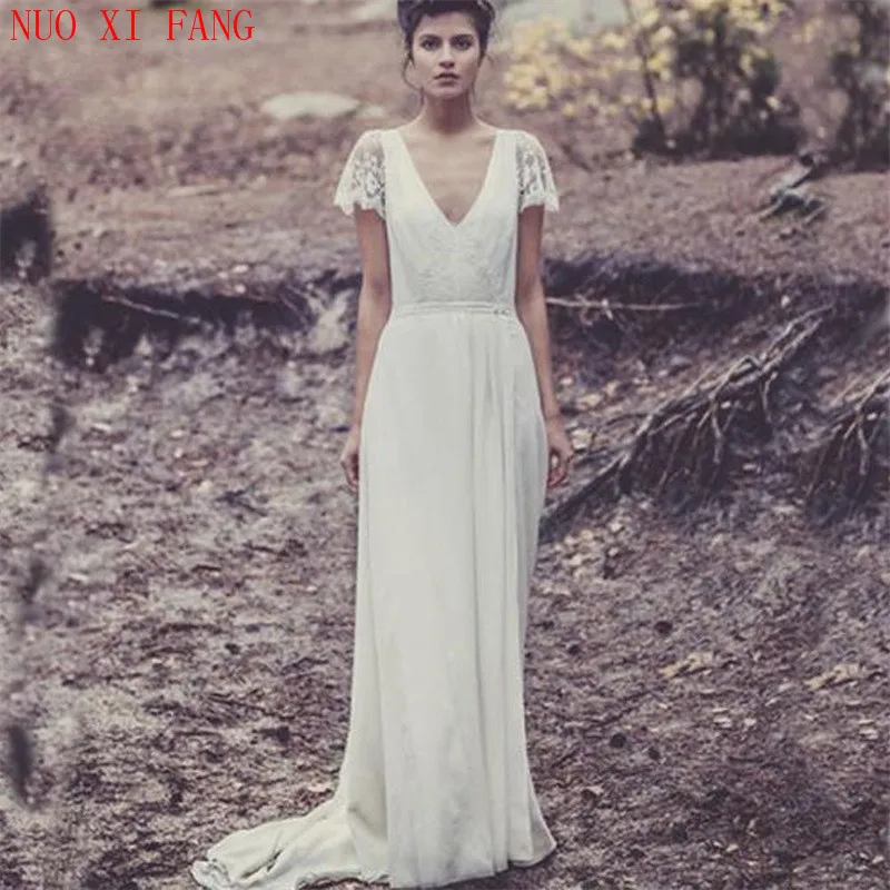 

Boho 2020 Turkey Custom Laure De Bridal Gowns With Sleeve Lace Vintage Sexy Backless V Neck Bohemian Beach Wedding Dresses