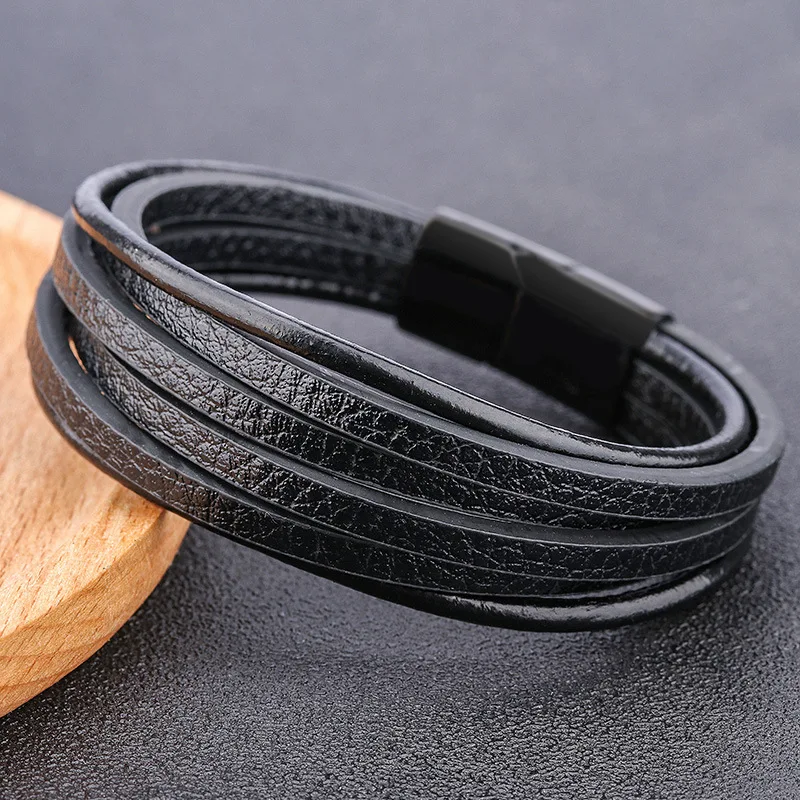 Mens leather bracelet Leather bangles for men Magnetic-Clasp Cowhide Braided Multi Layer Wrap Bracelet man pulseras para hombre
