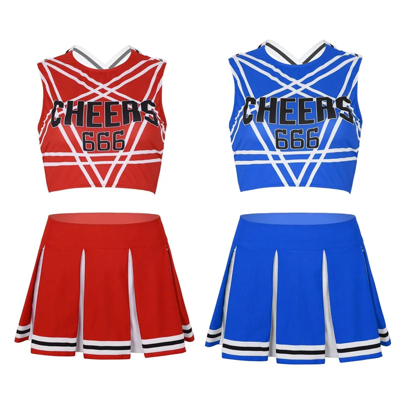 2Pcs Women Adult Charming Cheerleader Uniforms Cosplay Costume Set Sleeveless Pentagram Back Crop Top with Mini