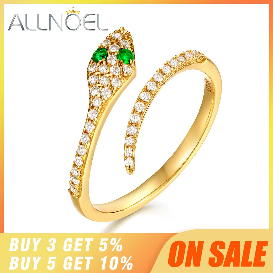 Koop ALLNOEL 2019 Nieuwe Massief 925 Sterling Zilveren Ring Voor Vrouwen Green Zirkoon Diamond Snake Ringen Open Ontwerp Luxe Gouden Fijne sieraden