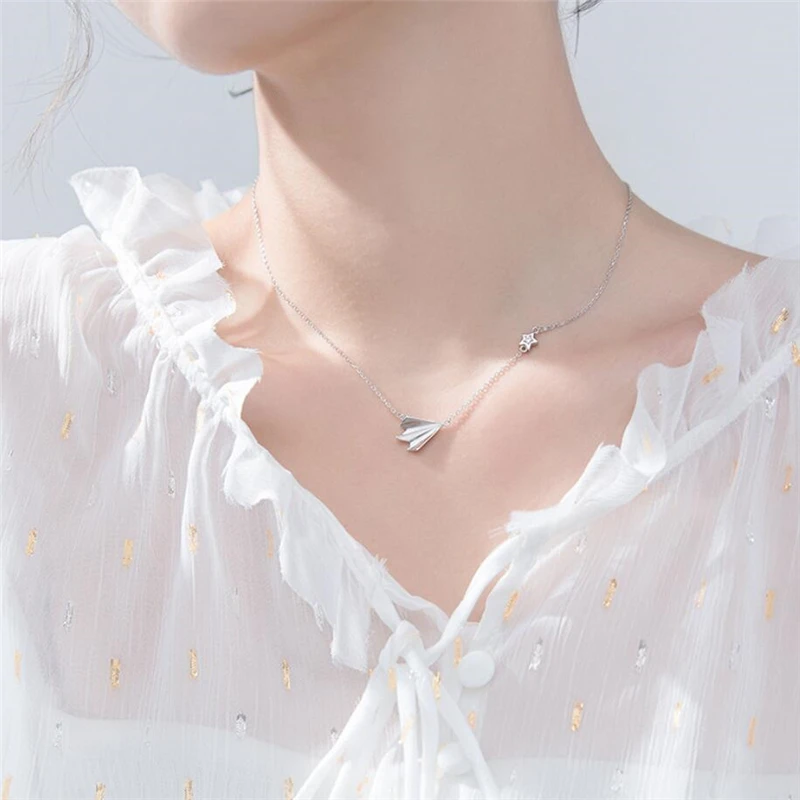 Childhood Paper Plane Simple Student Clavicle Chain 925 Sterling Silver Temperament Personality Female Necklace SNE151 - Image 2