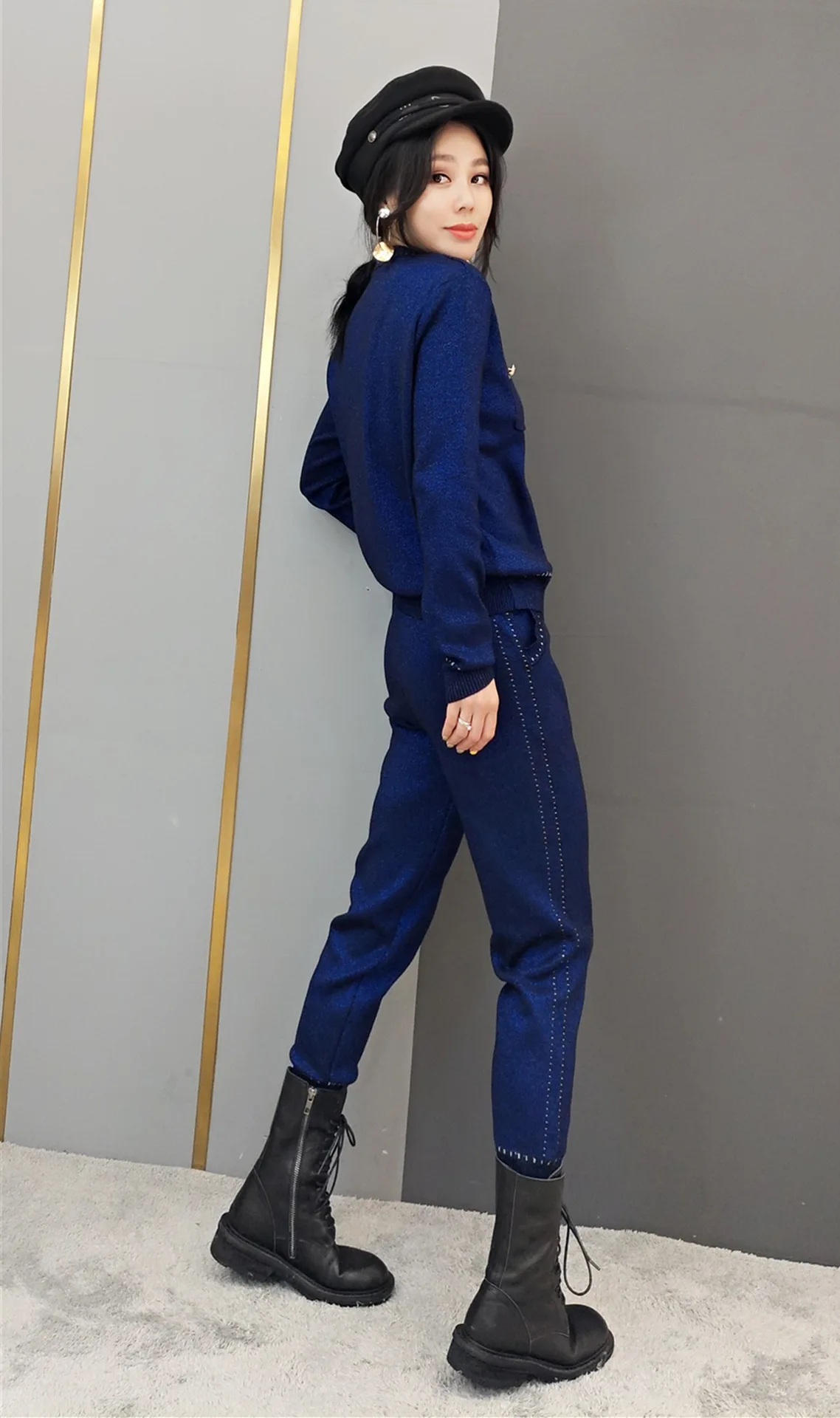Женский комплект 2 шт. наборы для подиума Дизайнерский Модный спортивный костюм Женская одежда вязаный полосатый свитер+ брюки костюм подходящие наборы