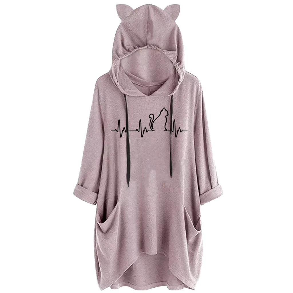 

Cat Ear Hooded Women Casual Print Cat Hooded Long Sleeves Pocket Irregular Top Shirt Autumn Cropped Hooded Kawaii Roupas 2019