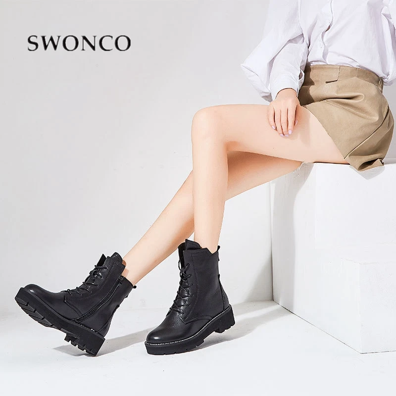 Женские ботильоны с высоким берцем SWONCO черные теплые бархатные на платформе
